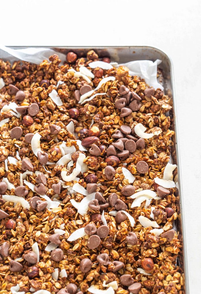 Chocolate Protein Granola on a tray